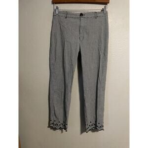 Vintage Pants Womens 10 Black Gingham Cropped Embroidered Hem Cottagecore 90s